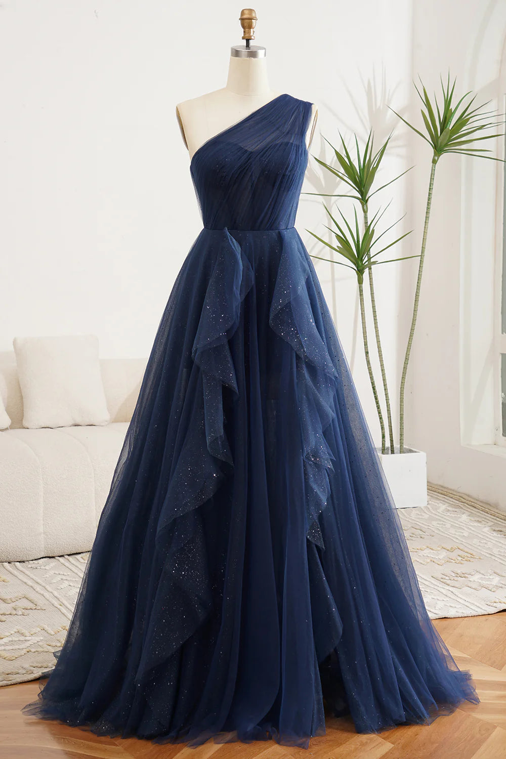 Abito lungo da ballo in chiffon monospalla blu navy a linea A